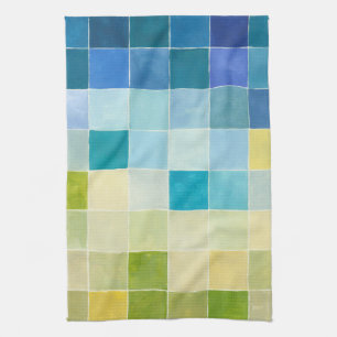 Landscape with Multicolored Pixilated Squares Tea Towel