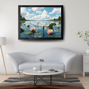 Landscape with Pink Water Blossoms and Cloudy Sky Poster