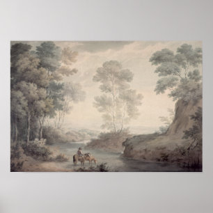 Landscape with River and Horses Watering Poster