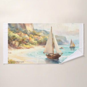 Landscape with sea and sailing ships bath towel set