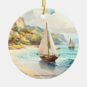 Landscape with sea and sailing ships ceramic tree decoration
