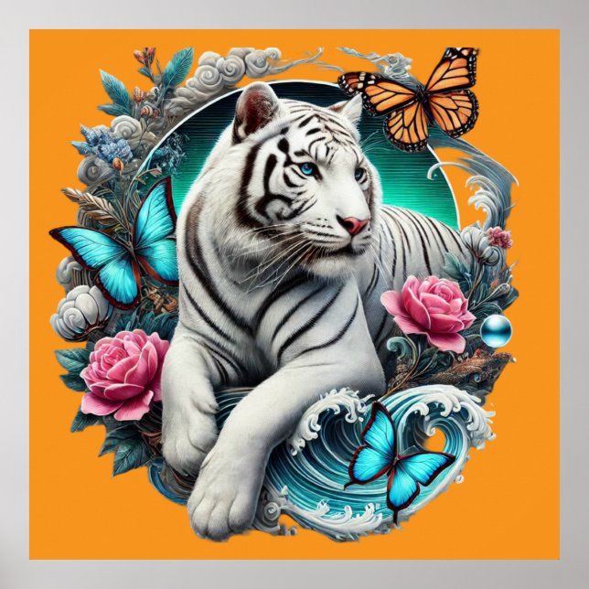 LANDSCAPE WITH TIGER, BUTTERFLIES AND FLOWERS POSTER (Front)