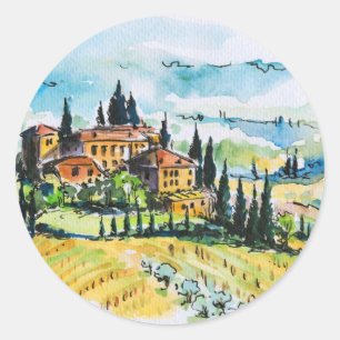 Landscape with town and cypress trees classic round sticker