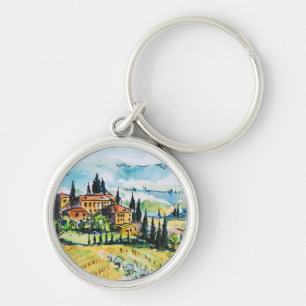 Landscape with town and cypress trees key ring