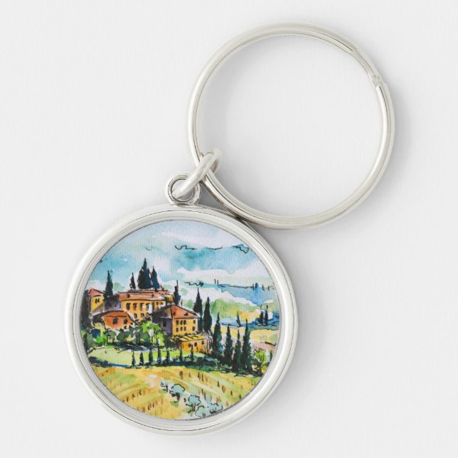 Landscape with town and cypress trees key ring (Front)