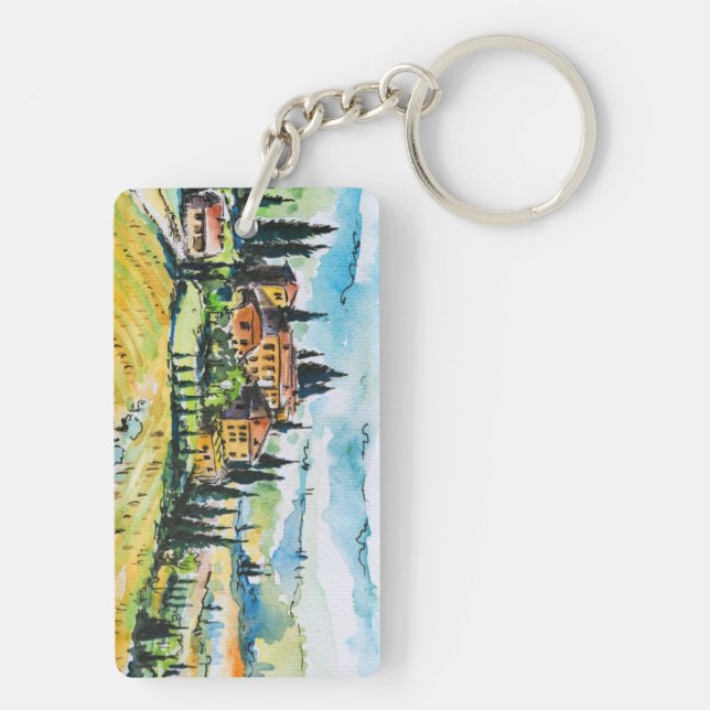 Landscape with town and cypress trees key ring (Back)