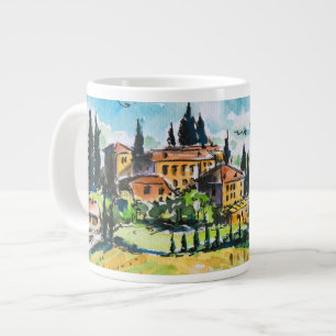 Landscape with town and cypress trees large coffee mug