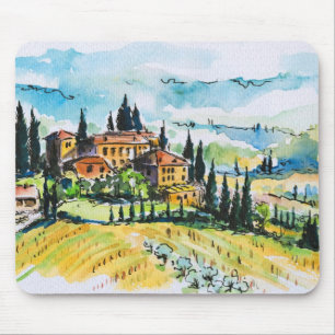 Landscape with town and cypress trees mouse mat