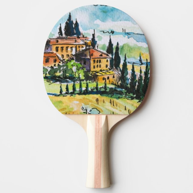 Landscape with town and cypress trees ping pong paddle (Front)
