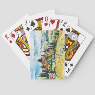 Landscape with town and cypress trees playing cards