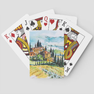 Landscape with town and cypress trees playing cards