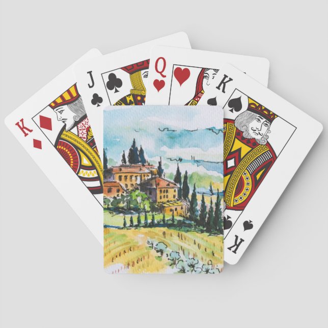 Landscape with town and cypress trees playing cards (Back)