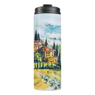 Landscape with town and cypress trees thermal tumbler