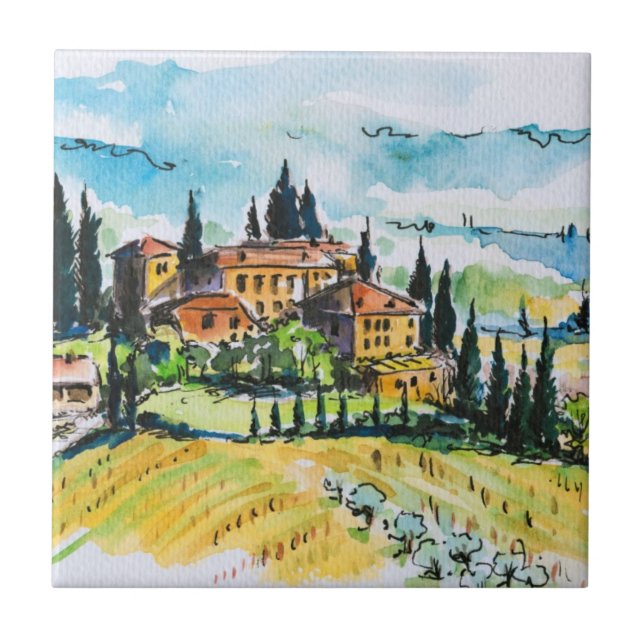 Landscape with town and cypress trees tile (Front)