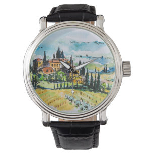 Landscape with town and cypress trees watch