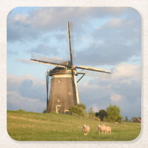Landscape with windmill and sheep square paper coaster