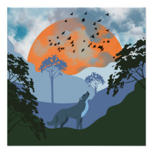 Landscape Wolf Sun Mountains Poster