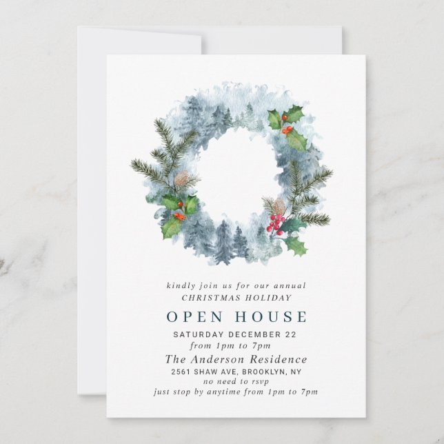 Landscape Wreath CHRISTMAS HOLIDAY OPEN HOUSE Invitation (Front)