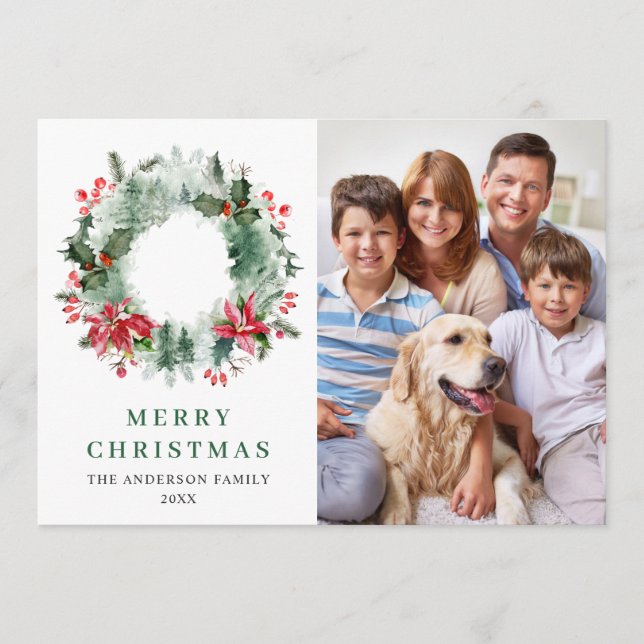 Landscape Wreath Holly Berry Pine 4 PHOTO Greeting Holiday Card (Front)