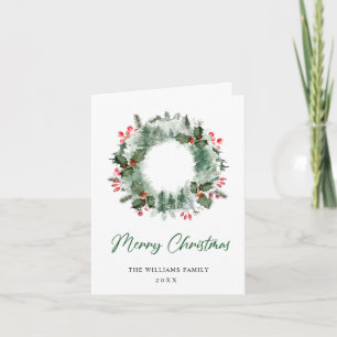 Landscape Wreath Holly Berry Pine Forest Christmas Holiday Card