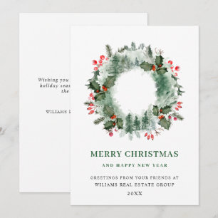 Landscape Wreath Holly Berry Pine Forest Christmas Holiday Card