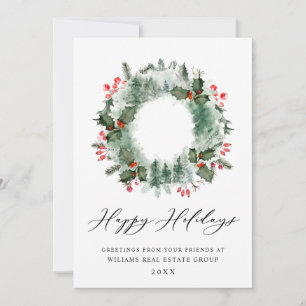 Landscape Wreath Holly Berry Pine Forest Christmas Holiday Card