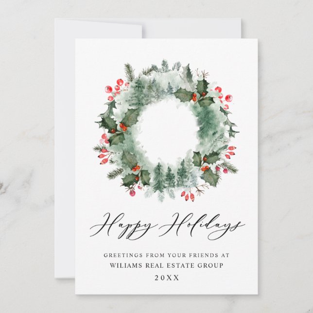 Landscape Wreath Holly Berry Pine Forest Christmas Holiday Card (Front)