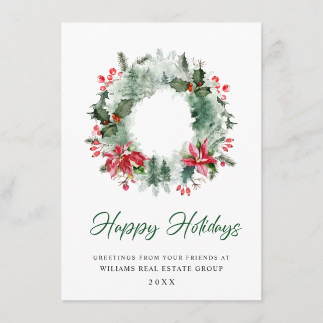 Landscape Wreath Holly Berry Pine Forest Christmas Holiday Card (Front)
