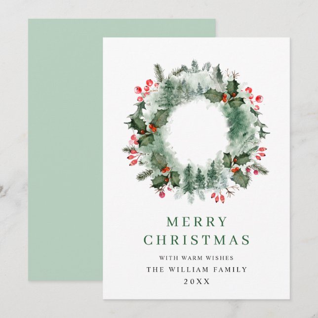 Landscape Wreath Holly Berry Pine Forest Christmas Holiday Card (Front/Back)
