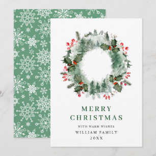 Landscape Wreath Holly Berry Pine Forest Christmas Holiday Card