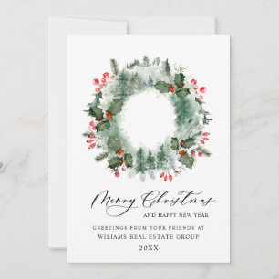 Landscape Wreath Holly Berry Pine Forest Christmas Holiday Card