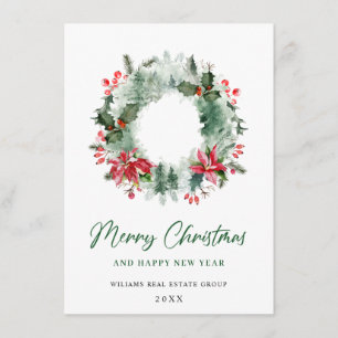 Landscape Wreath Holly Berry Pine Forest Christmas Holiday Card