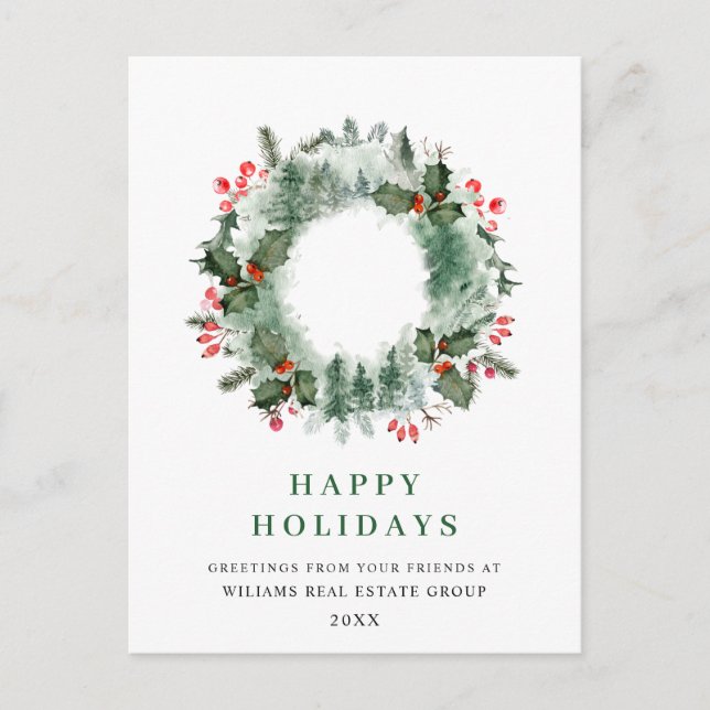 Landscape Wreath Holly Berry Pine Forest Christmas Postcard (Front)