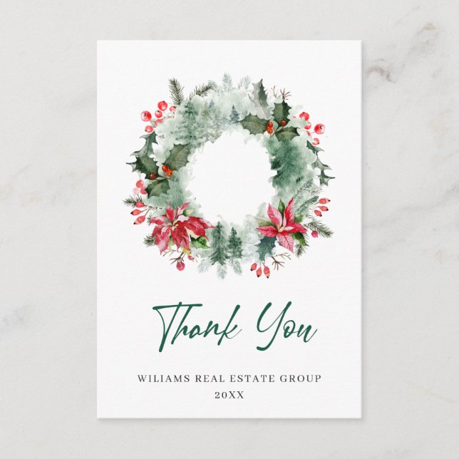 Landscape Wreath Holly Berry Pine Forest Christmas Thank You Card (Front)
