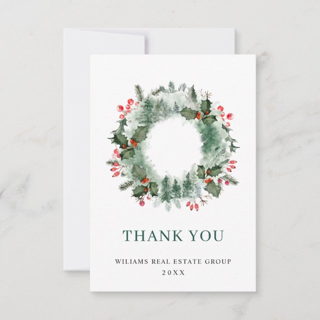 Landscape Wreath Holly Berry Pine Forest Christmas Thank You Card (Front)