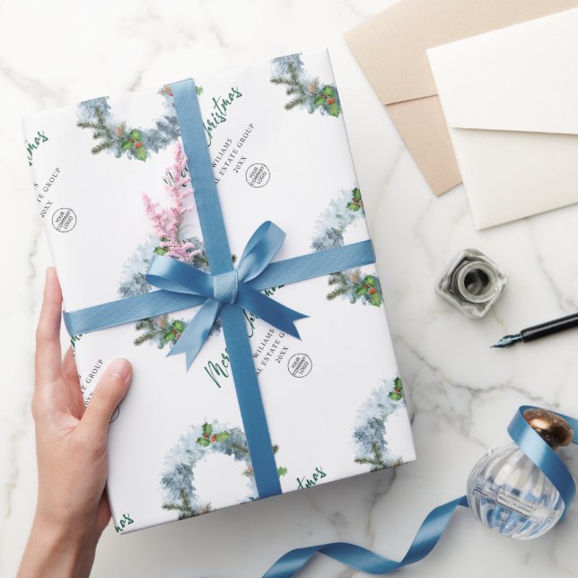 Landscape Wreath Holly Berry Pine Forest Christmas Wrapping Paper (Gifting)