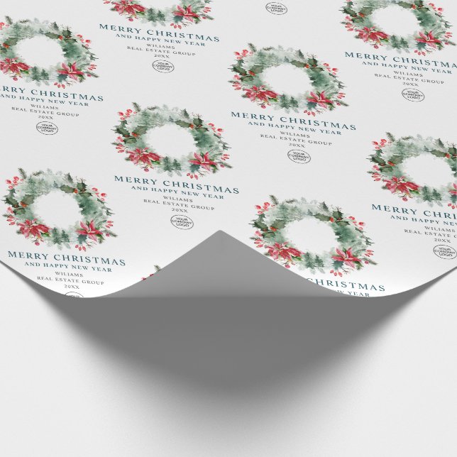 Landscape Wreath Holly Berry Pine Forest Christmas Wrapping Paper (Corner)