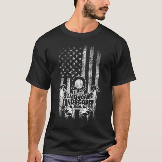 Landscaper American Flag Skull and Grass Trimmers T-Shirt