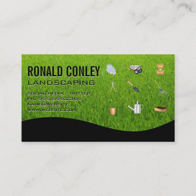 Landscaping Gardening Tools | Grass Background Business Card (Front)