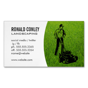 Landscaping Grass   Gardener Cutting Lawn Magnetic Business Card