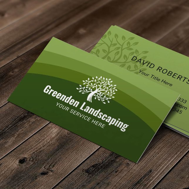 Landscaping Green Shades Tree Logo Lawn Care Business Card (Creator Uploaded)