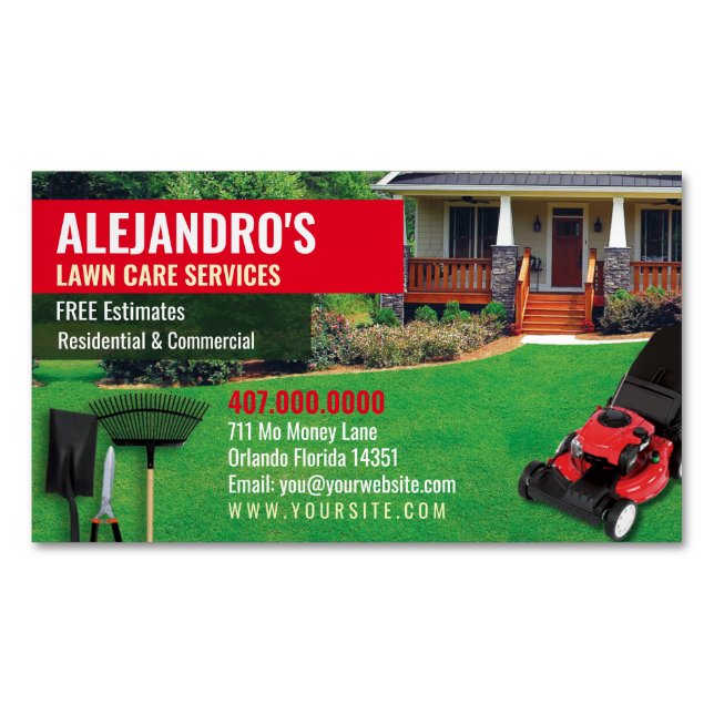 Landscaping Lawn Care Mower Template Magnetic Business Card (Front)