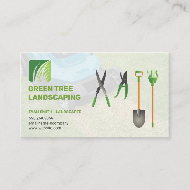Landscaping Logo | Garden Tools | Lawnmower Business Card (Front)