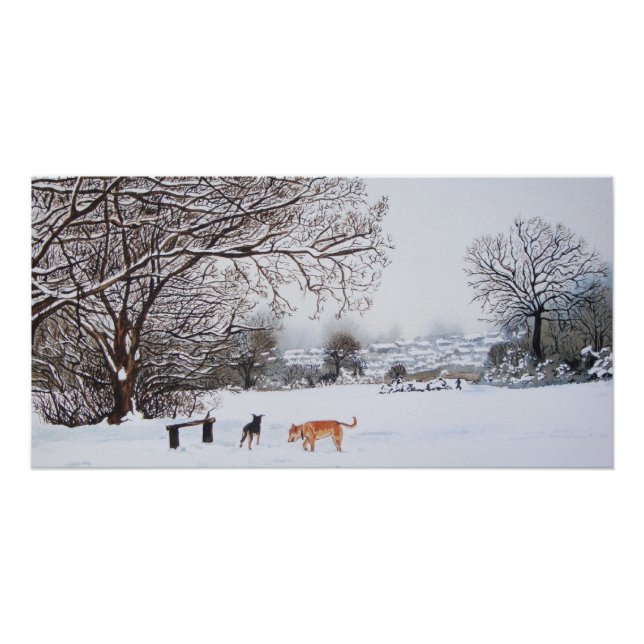 landscpe painting of dogs in winter snow scene poster (Front)