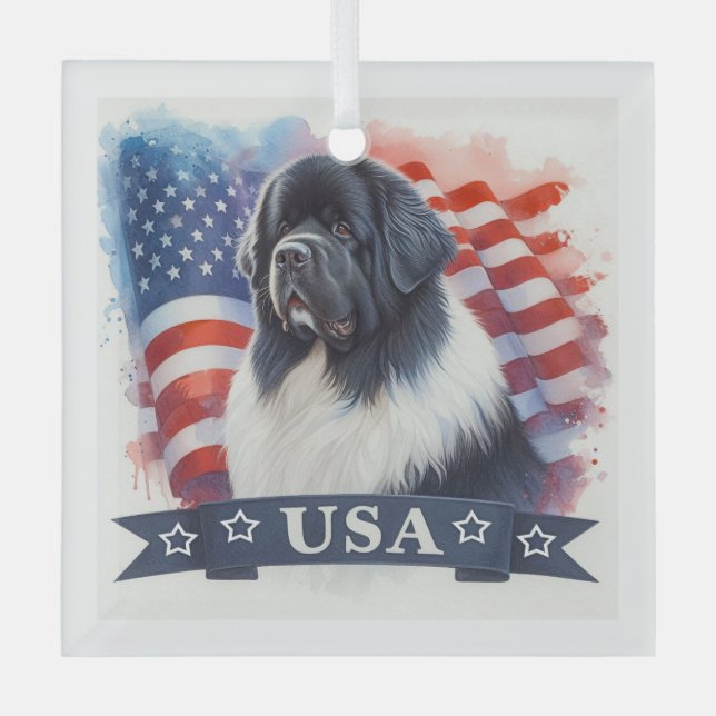 Landseer Newfoundland Dog Patriotic Glass Tree Decoration (Front)