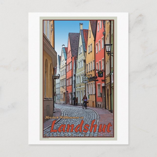 Landshut - Biker on Cobblestone Alley Postcard (Front)