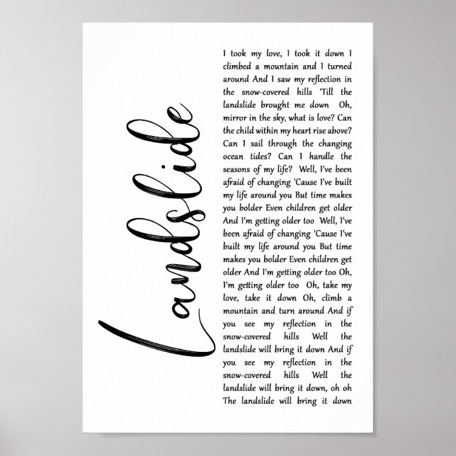 Landslide White Script Song Lyric Wall Art Print (Front)