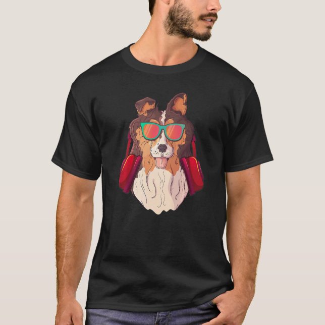 Langhaar Collie DJ Headphones Headset Dog Owner T-Shirt (Front)