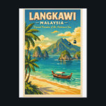 Langkawi Island, Malaysia, in a vibrant retro  Postcard<br><div class="desc">Travel poster featuring Langkawi Island, Malaysia, in a vibrant retro tropical style. Turquoise sea with limestone karst islands rising from the water, white sandy beach with palm trees in the foreground, and a traditional boat gently floating near the shore. Add a distant cable car silhouette heading toward Gunung Mat Cincang...</div>