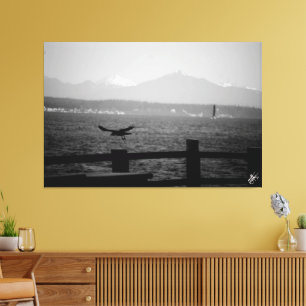 Langley waterfront Crow taking flight Monochrome Canvas Print